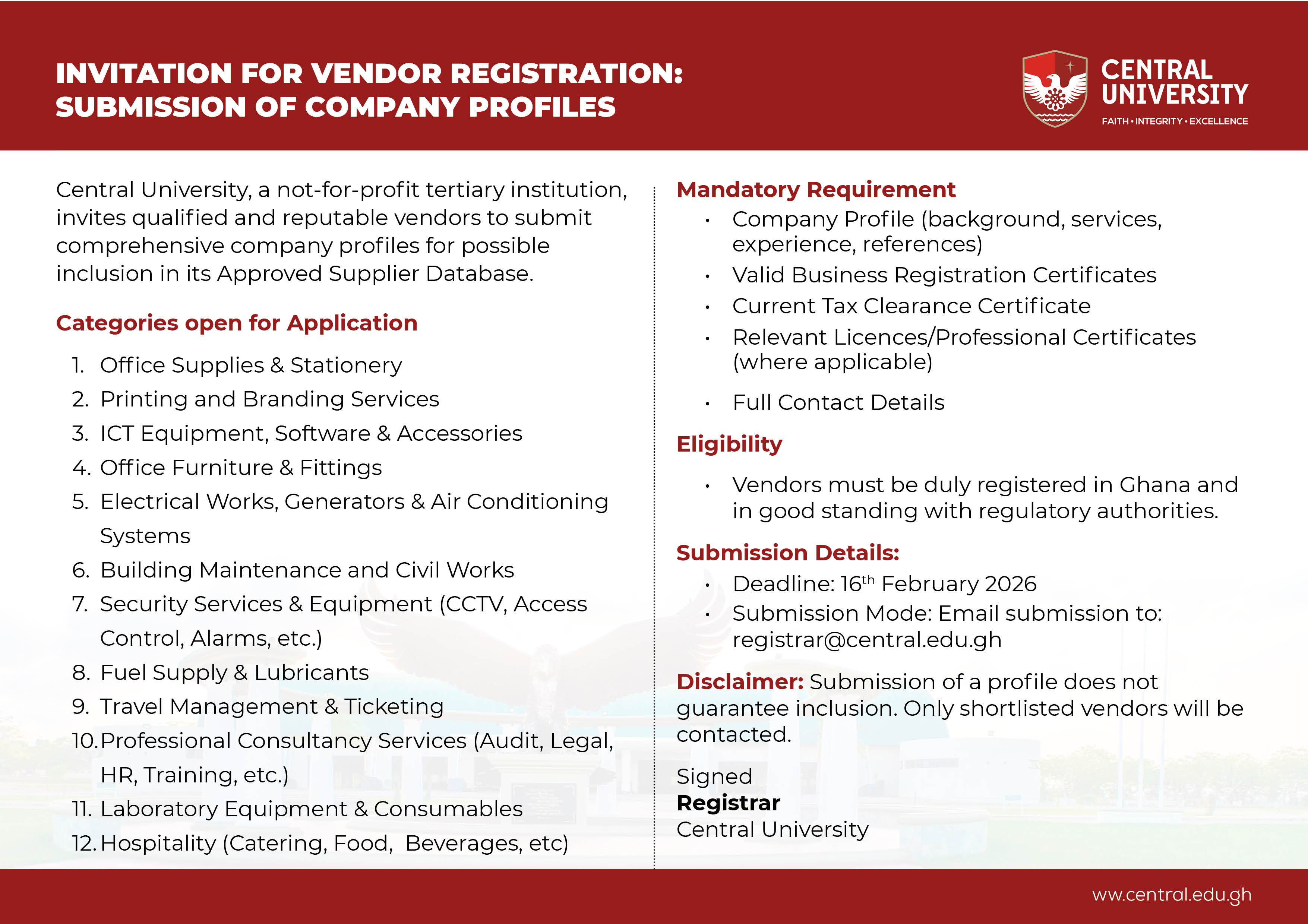 INVITATION FOR VENDOR REGISTRATION: SUBMISSION OF COMPANY PROFILES